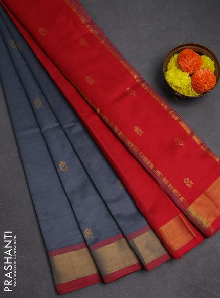 Grey & Red Semi Silk Cotton Saree - Buttas