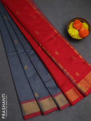 Grey & Red Semi Silk Cotton Saree - Buttas