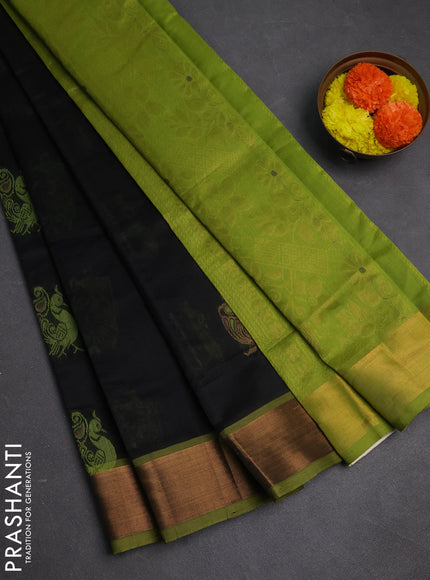 Black & Green Semi Silk Cotton Saree - Buttas