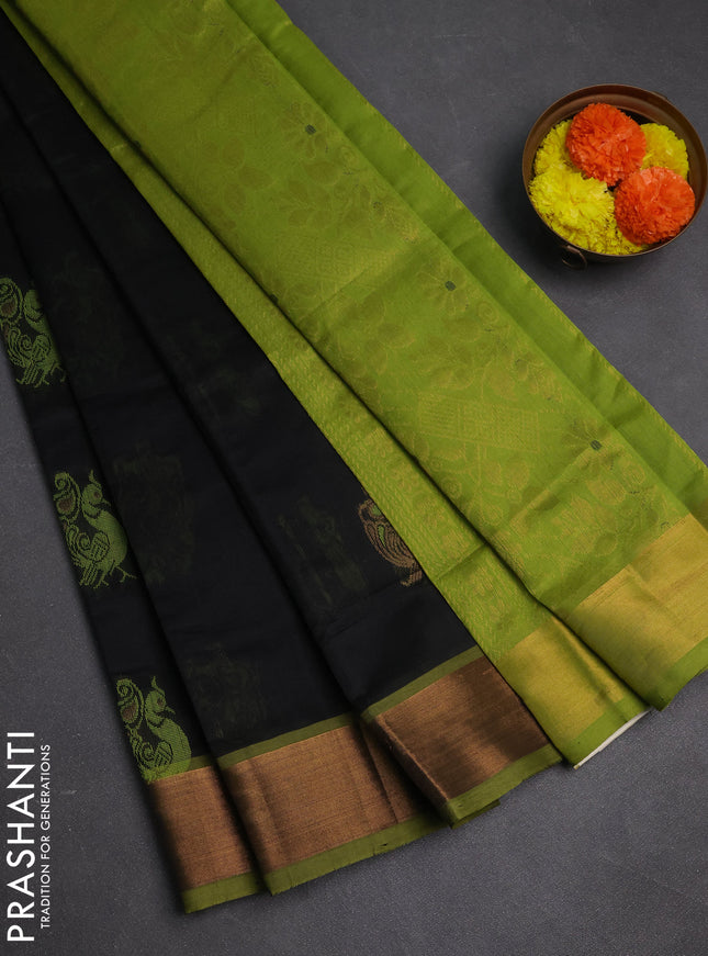 Black & Green Semi Silk Cotton Saree - Buttas