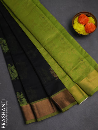Black & Green Semi Silk Cotton Saree - Buttas