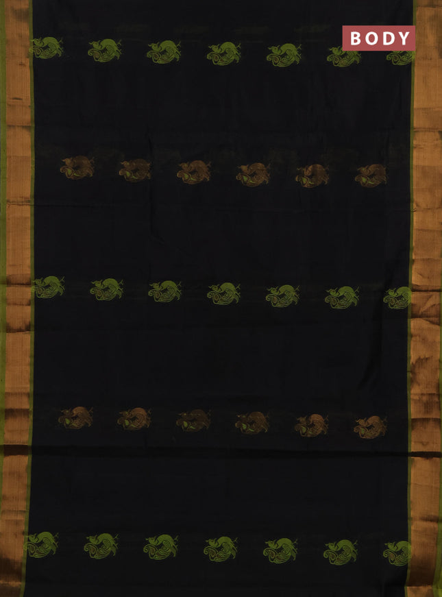 Black & Green Semi Silk Cotton Saree - Buttas