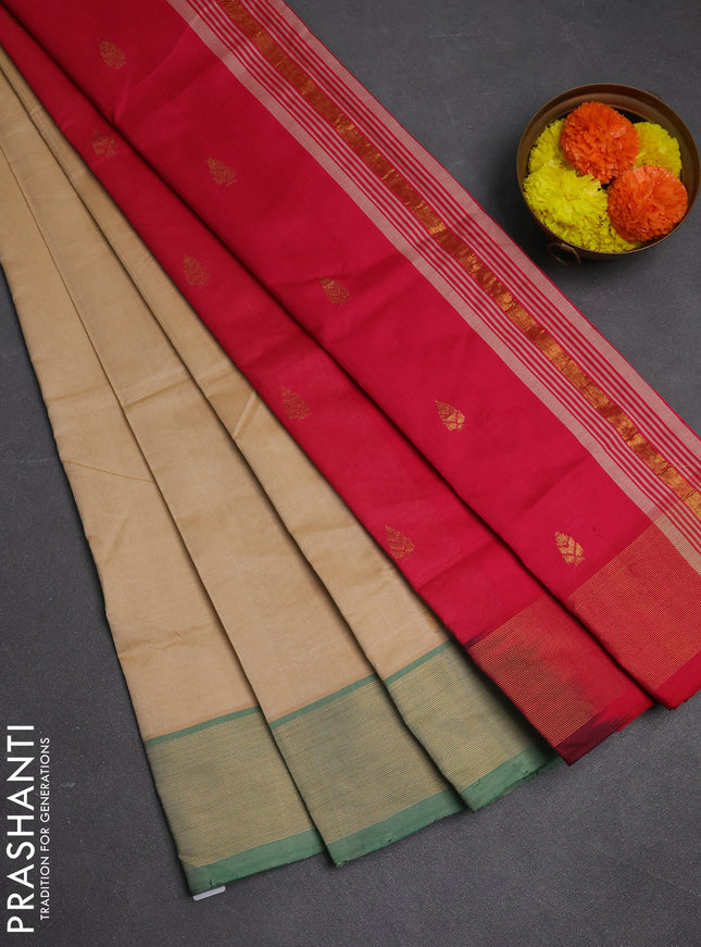 Sandal & Pink Semi Silk Cotton Saree - Buttas