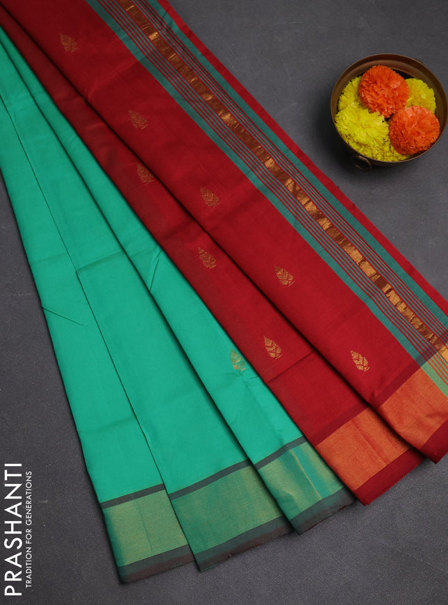 Teal Green & Red Semi Silk Cotton Saree - Buttas