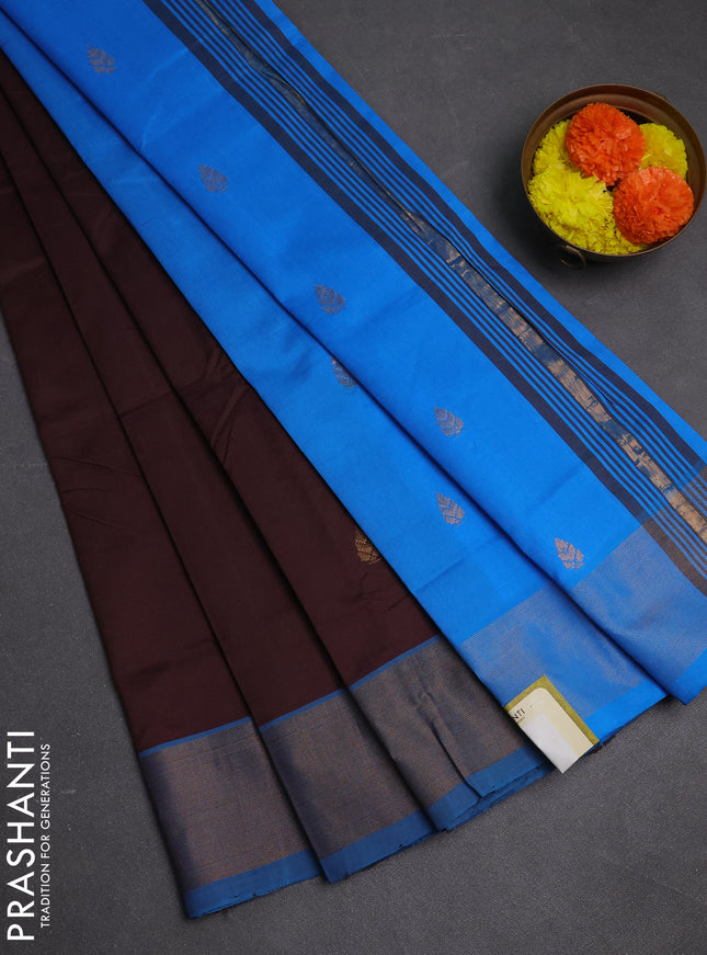 Coffee Brown & Cs Blue Semi Silk Cotton Saree - Buttas