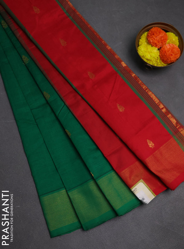 Green & Red Semi Silk Cotton Saree - Buttas