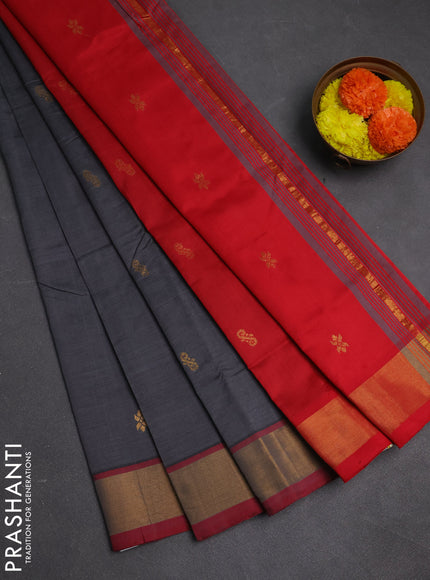 Grey & Red Semi Silk Cotton Saree - Buttas