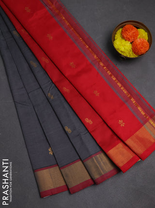 Grey & Red Semi Silk Cotton Saree - Buttas