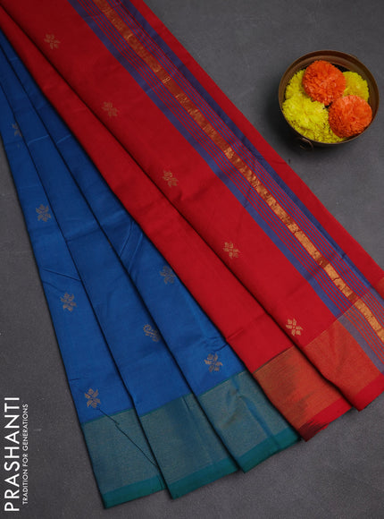 Blue & Red Semi Silk Cotton Saree - Buttas