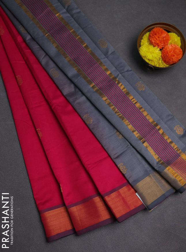 Pink & Grey Semi Silk Cotton Saree - Buttas