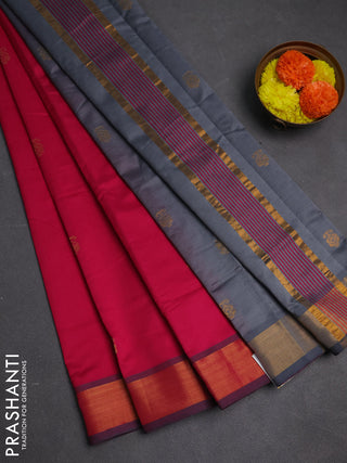 Pink & Grey Semi Silk Cotton Saree - Buttas
