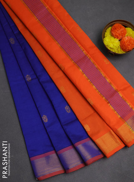 Blue & Orange Semi Silk Cotton Saree - Buttas