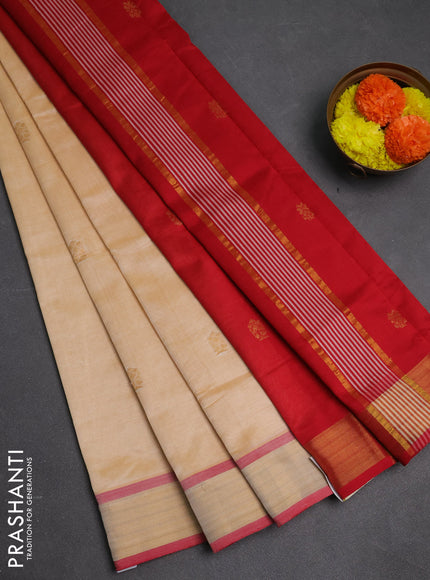 Cream & Red Semi Silk Cotton Saree - Buttas