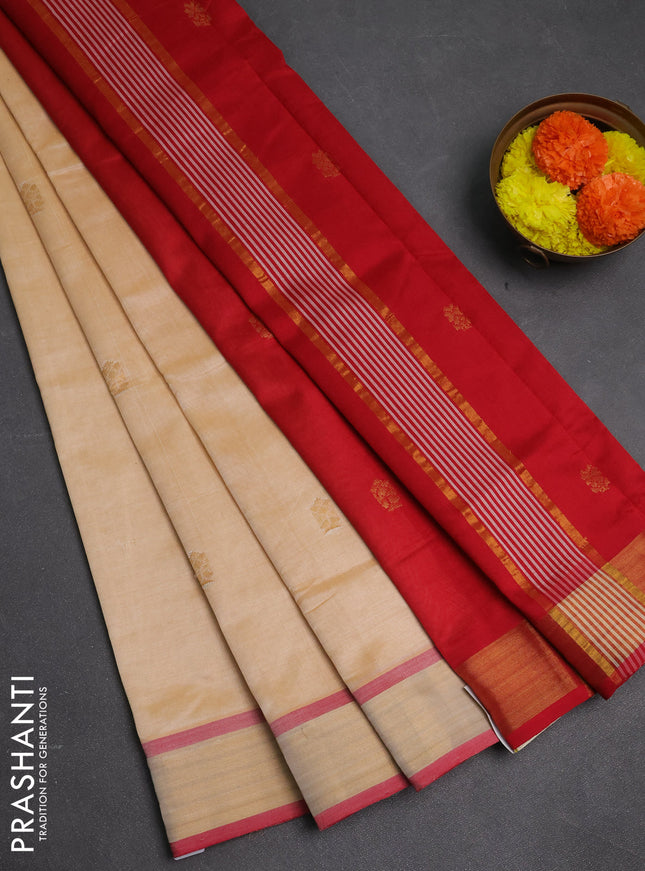Cream & Red Semi Silk Cotton Saree - Buttas