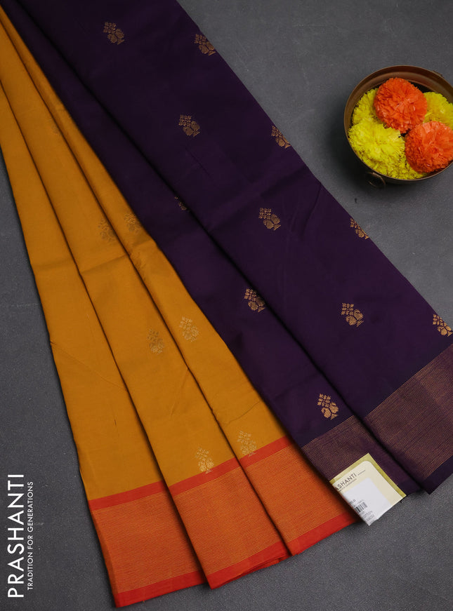 Mustard Yellow & Purple Semi Silk Cotton Saree - Buttas