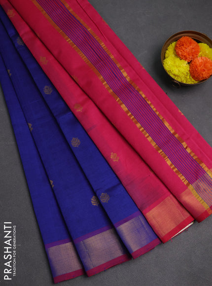 Blue & Pink Semi Silk Cotton Saree - Buttas