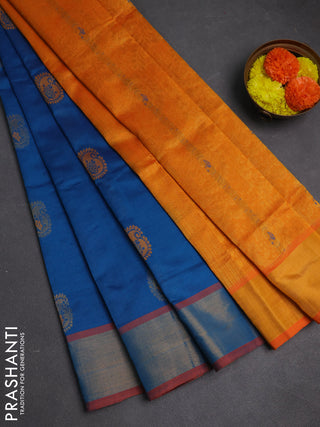 Peacock Blue & Orange Semi Silk Cotton Saree - Buttas