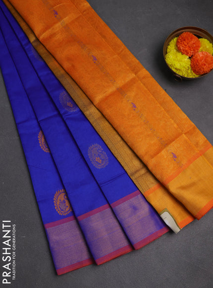 Blue & Orange Semi Silk Cotton Saree - Buttas