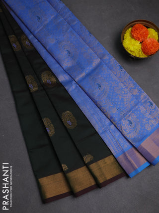 Bottle Green & Blue Semi Silk Cotton Saree - Buttas