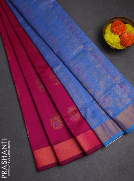 Magenta Pink & Blue Semi Silk Cotton Saree - Buttas