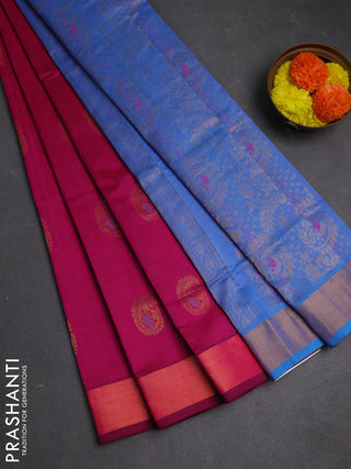 Magenta Pink & Blue Semi Silk Cotton Saree - Buttas