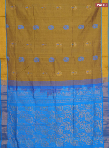 Mustard Yellow & Cs Blue Semi Silk Cotton Saree - Buttas