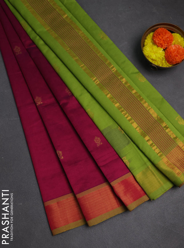 Magenta Pink & Green Semi Silk Cotton Saree - Buttas