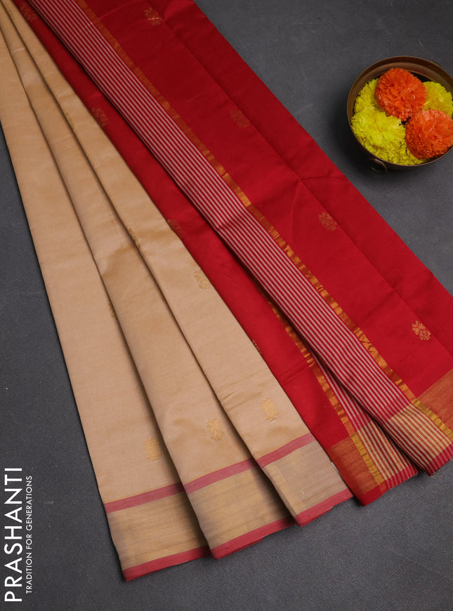 Sandal & Red Semi Silk Cotton Saree - Buttas