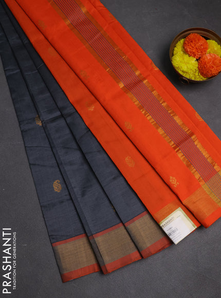 Grey & Orange Semi Silk Cotton Saree - Buttas