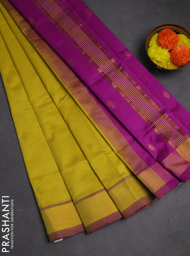 Yellow & Purple Semi Silk Cotton Saree - Buttas