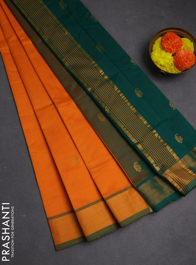 Mustard Yellow & Bottle green Semi Silk Cotton Saree - Buttas