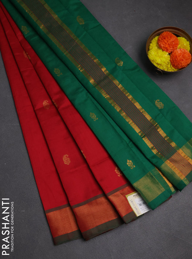 Red & Green Semi Silk Cotton Saree - Buttas