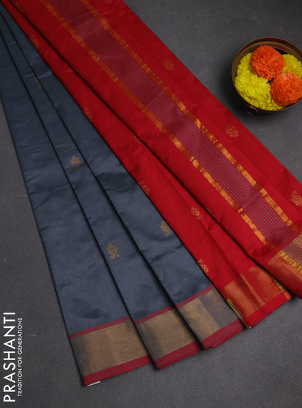 Grey & Red Semi Silk Cotton Saree - Buttas