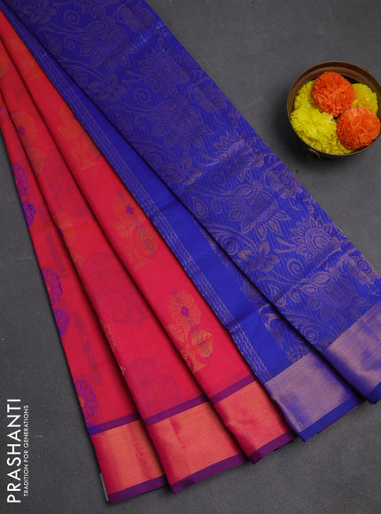 Pink & Blue Semi Silk Cotton Saree - Buttas