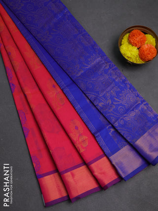 Pink & Blue Semi Silk Cotton Saree - Buttas