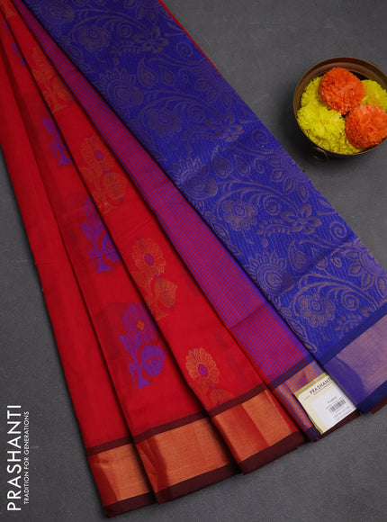 Red & Blue Semi Silk Cotton Saree - Buttas