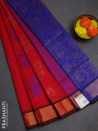 Red & Blue Semi Silk Cotton Saree - Buttas