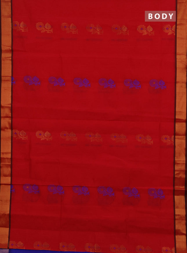 Red & Blue Semi Silk Cotton Saree - Buttas