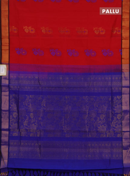 Red & Blue Semi Silk Cotton Saree - Buttas