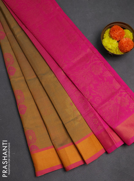 Mustard Yellow & Pink Semi Silk Cotton Saree - Buttas