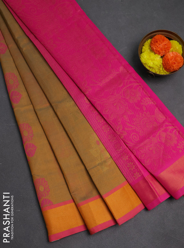 Mustard Yellow & Pink Semi Silk Cotton Saree - Buttas