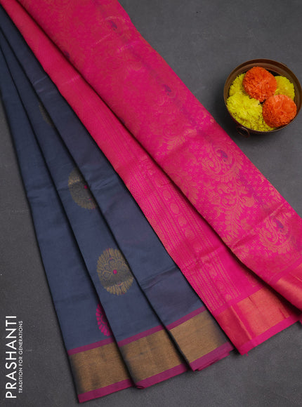 Grey & Pink Semi Silk Cotton Saree - Buttas