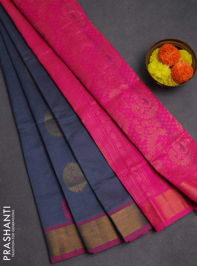 Grey & Pink Semi Silk Cotton Saree - Buttas