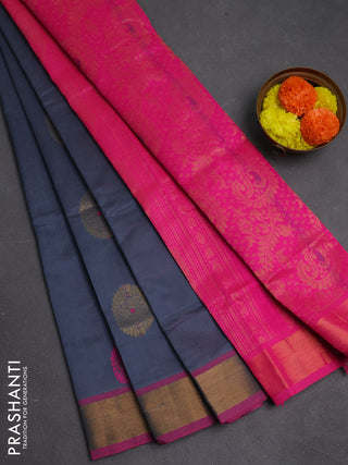 Grey & Pink Semi Silk Cotton Saree - Buttas