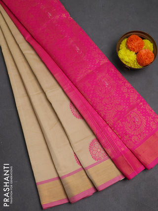 Beige & Pink Semi Silk Cotton Saree - Buttas