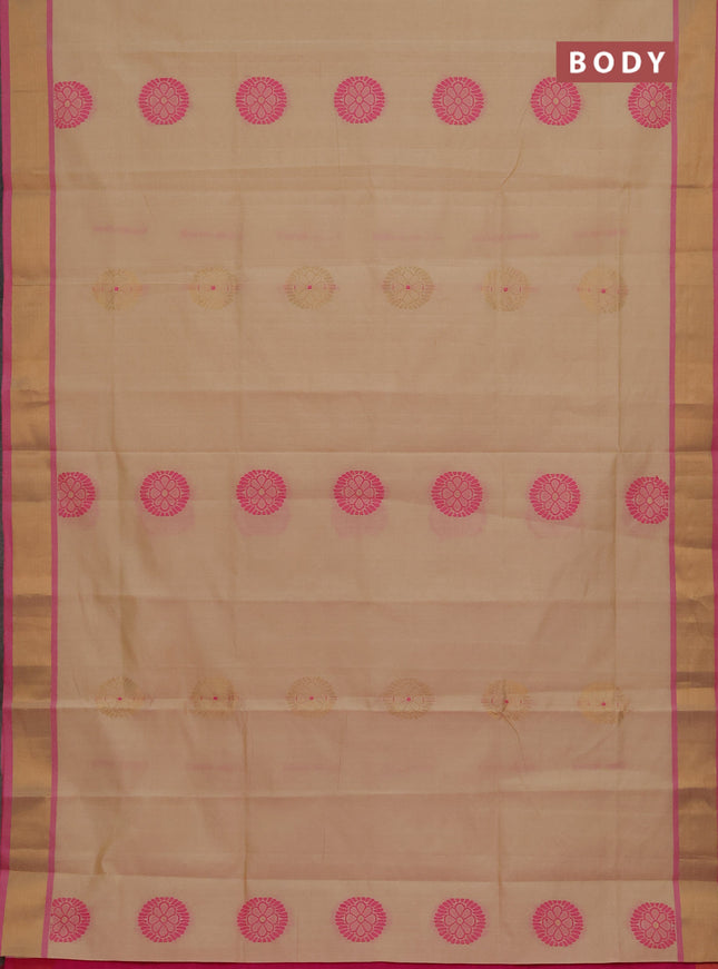 Beige & Pink Semi Silk Cotton Saree - Buttas