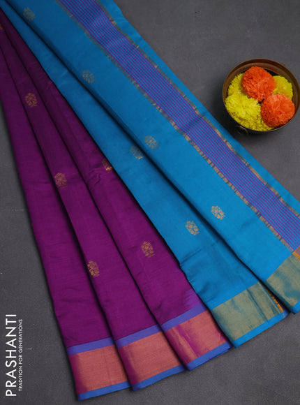 Purple & Blue Semi Silk Cotton Saree - Buttas