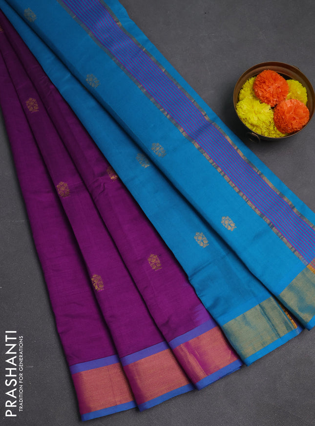 Purple & Blue Semi Silk Cotton Saree - Buttas
