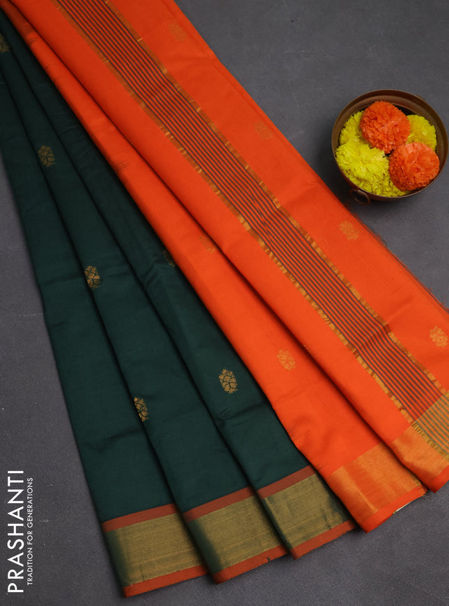 Bottle Green & Orange Semi Silk Cotton Saree - Buttas