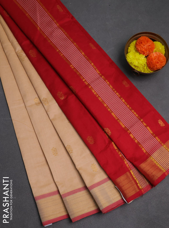 Cream & Red Semi Silk Cotton Saree - Buttas